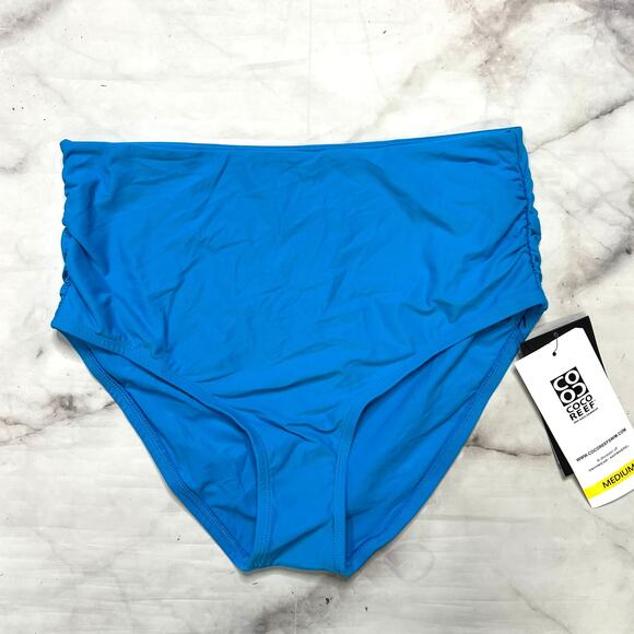 Coco Reef Women's High Waisted Fold Over Bikini Bottom Size M Shirred Blue New - Picture 2 of 4
